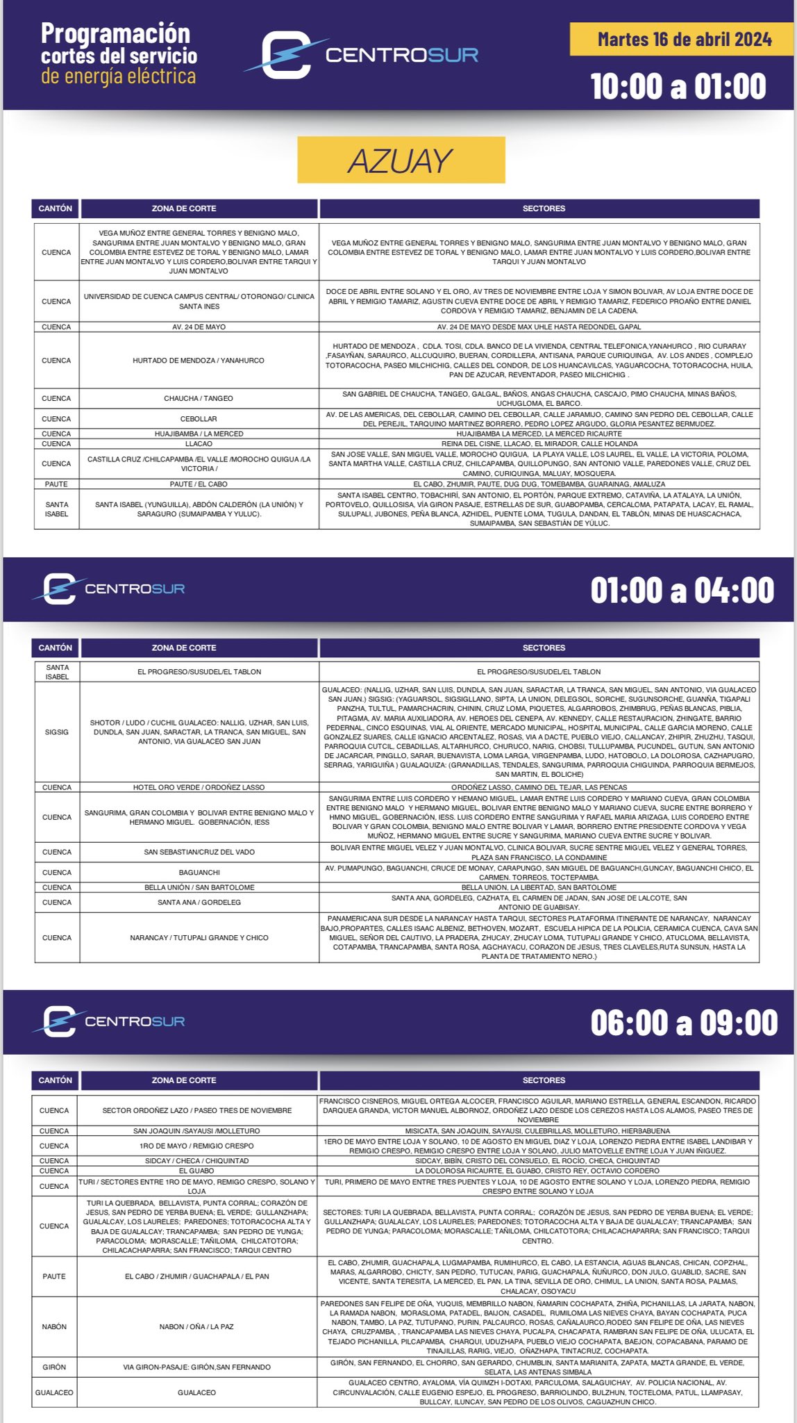 Horarios cortes de energía eléctrica