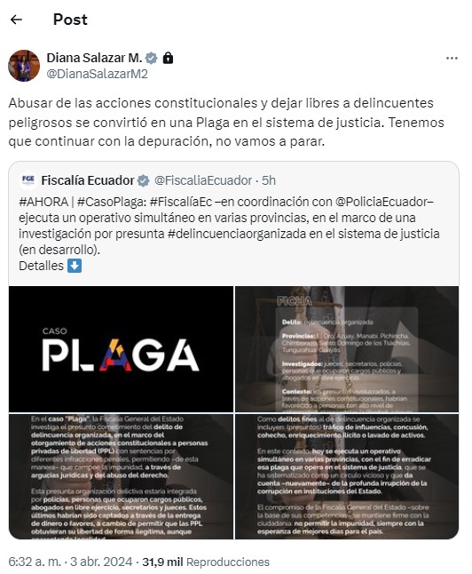 Diana Salazar, fiscal general del Estado. Cuenta de X de Diana Salazar, fiscal general del Estado.