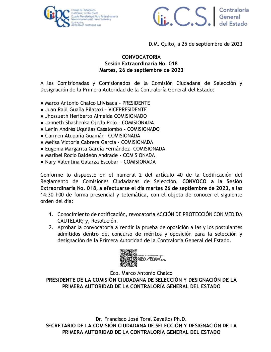 Convocatoria para concurso Contralor