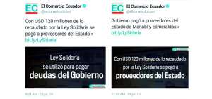 Diario El Comercio tuvo que borrar un tuit (izquierda) por las imprecisiones que ten&iacute;a el titular. Luego publicaron uno nuevo con el dato m&aacute;s preciso.