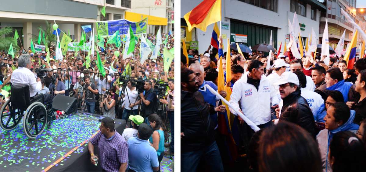 El candidato de PAIS acudi&oacute; a una concentraci&oacute;n en Dur&aacute;n. Moreno resalt&oacute; que la segunda vuelta le da la oportunidad de escuchar a la gente. Der.: Guillermo Lasso recorri&oacute; la noche del mi&eacute;rcoles las calles del Centro Hist&oacute;rico de Cuenca. El anfitri&oacute;n fue el prefecto de Azuay, Pa&uacute;l Carrasco.