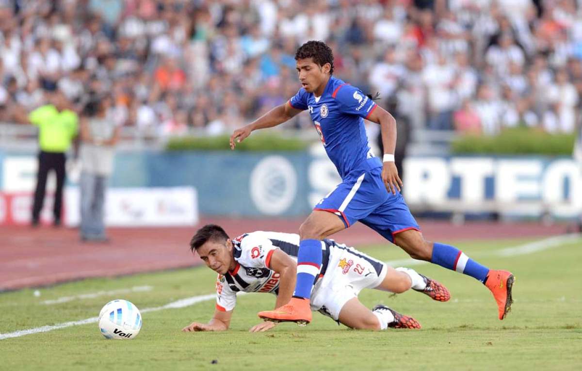 El delantero ecuatoriano Joao Rojas (azul) disputa el bal&oacute;n con Efra&iacute;n Velarde, del Monterrey. Foto: EFE.