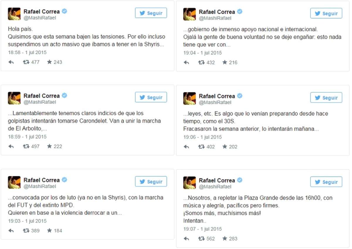 Correa: "Tenemos claros indicios de que los golpistas intentar&aacute;n tomarse Carondelet"