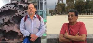 Hans Behr, junto a un meteorito en Nueva York y Dalton Osorno en Paris.