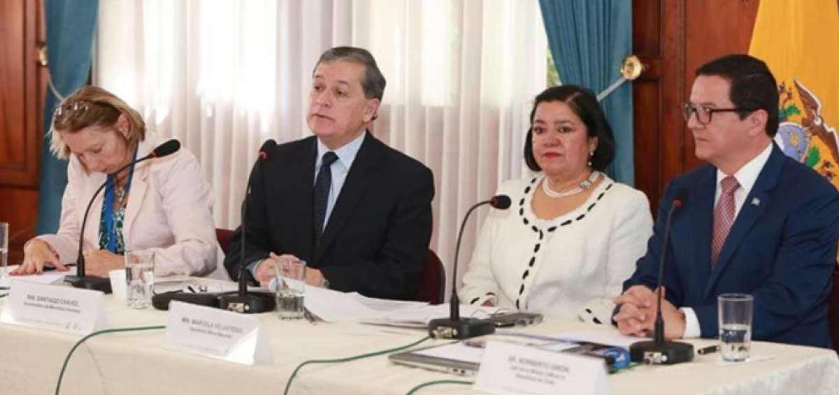 Autoridades de Canciller&iacute;a y de la OIM durante la presentaci&oacute;n de la esrategia de la 'Minga Migratoria'.
