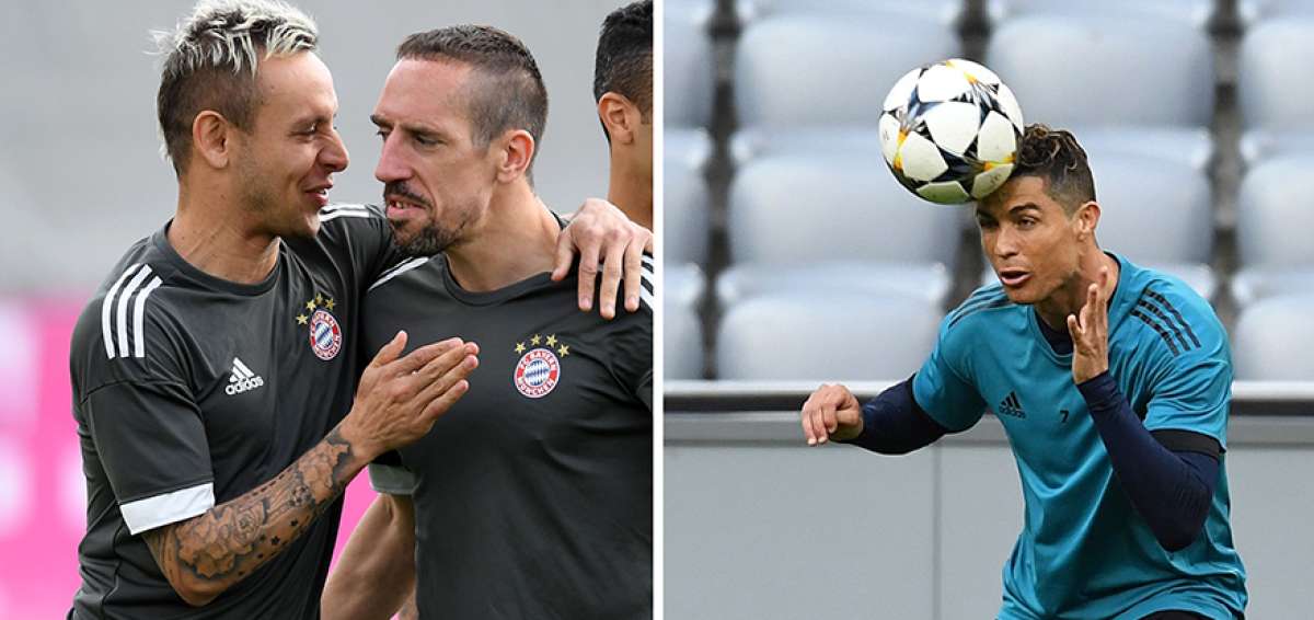 El brasile&ntilde;o Rafinha (izq.) conversa con el delantero franc&eacute;s Franck Ribery durante la pr&aacute;ctica que realiz&oacute; ayer el Bayern M&uacute;nich. &rarr;El portugu&eacute;s Cristiano Ronaldo tiene asegurada su presencia como titular en el partido de esta tarde en el Allianz Arena. 