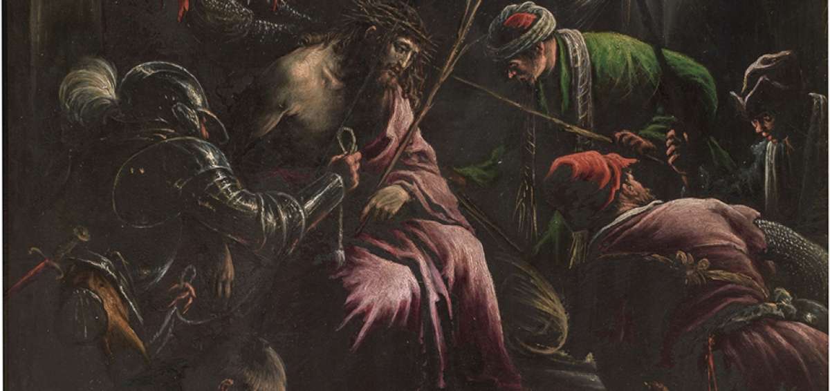La coronaci&oacute;n de espinas (1590-1598; &Oacute;leo sobre pizarra, 54 x 49 cm), de Leandro Bassano. El cuadro pertenece a la Colecci&oacute;n Real, en Madrid. 