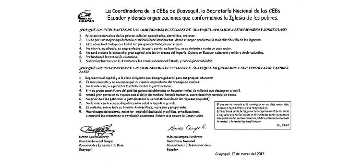 Iglesia de los pobres brinda su apoyo a Len&iacute;n Moreno