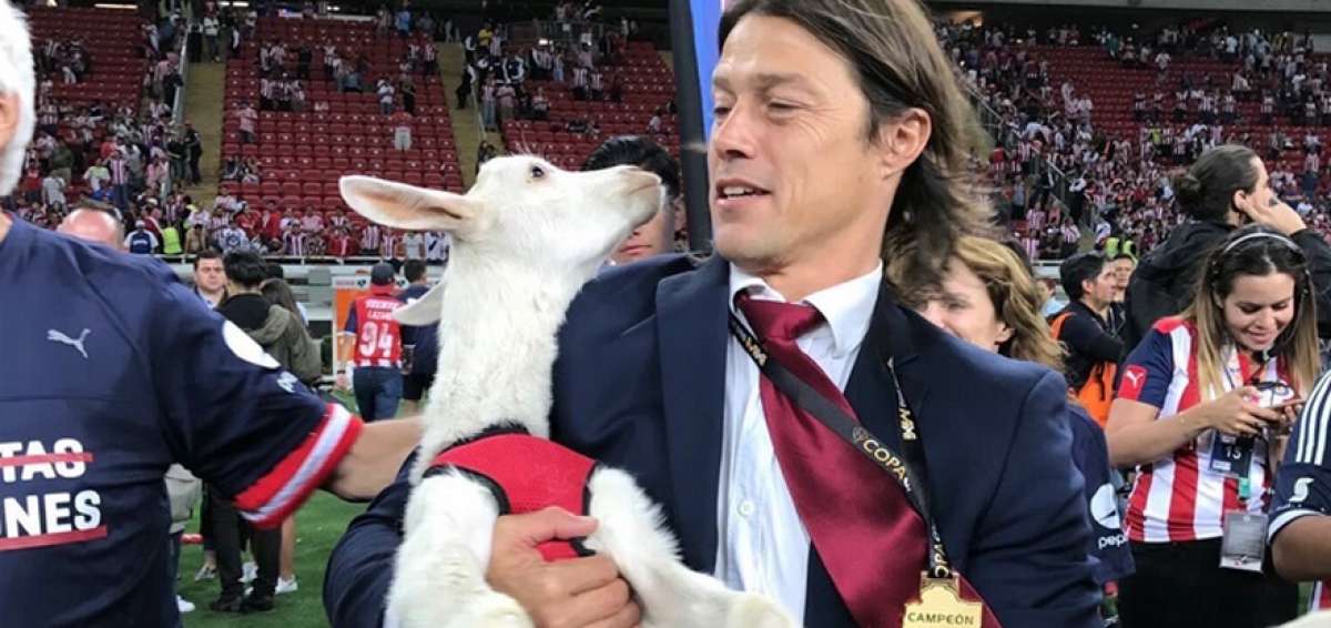 El argentino Mat&iacute;as Almeyda sostiene una chiva blanca, la mascota del club que dirige desde 2015.   