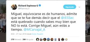 Captura de pantalla del tuit publicado por Richard Espinosa este martes. 