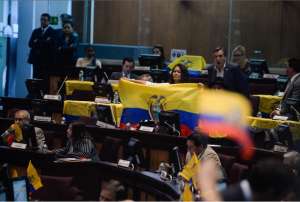 Los legisladores sesionaron portando banderas del Ecuador en sus curules. Foto: &Aacute;lvaro P&eacute;rez / El Tel&eacute;grafo 