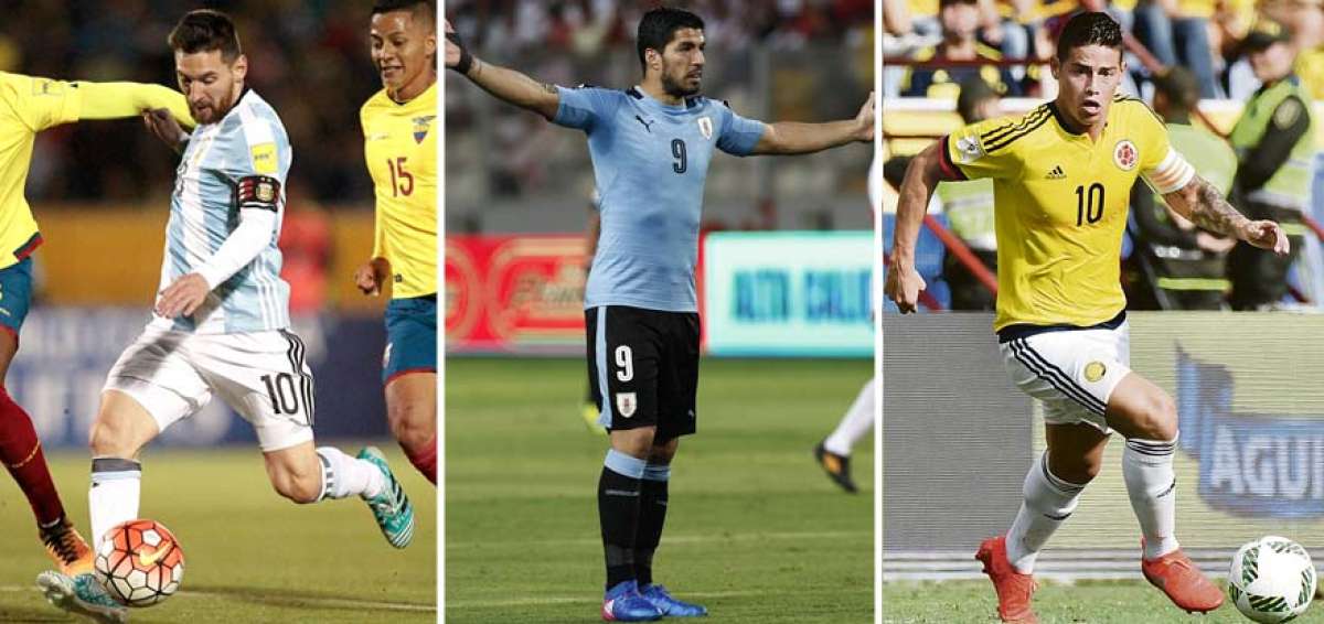 Lionel Messi (izq), mediocampista ofensivo de la Selecci&oacute;n Argentina; El delantero del combinado de Uruguay y el FC Barcelona, Luis Su&aacute;rez (centro) y James Rodr&iacute;guez, l&iacute;der del mediocampo colombiano.