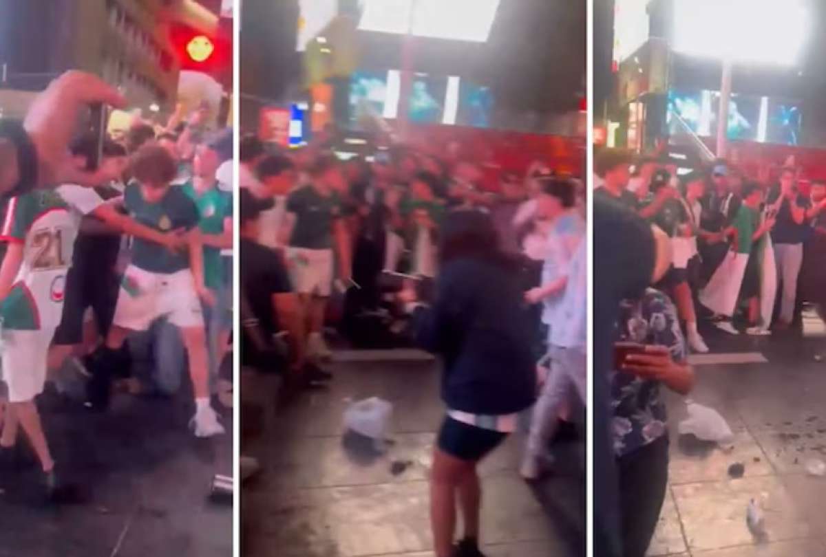 Hinchas argentinos y argelinos se enfrentaron en Time Square, en Nueva York. 