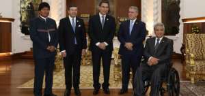 Los presidentes de Bolivia, Evo Morales; de Per&uacute;, Mart&iacute;n Vizcarra; de Colombia, Iv&aacute;n Duque; de Ecuador, Len&iacute;n Moreno y el exsecretario de la CAN, Jorge Pedraza.