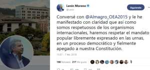 Captura de pantalla del tuit del presidente Len&iacute;n Moreno. 