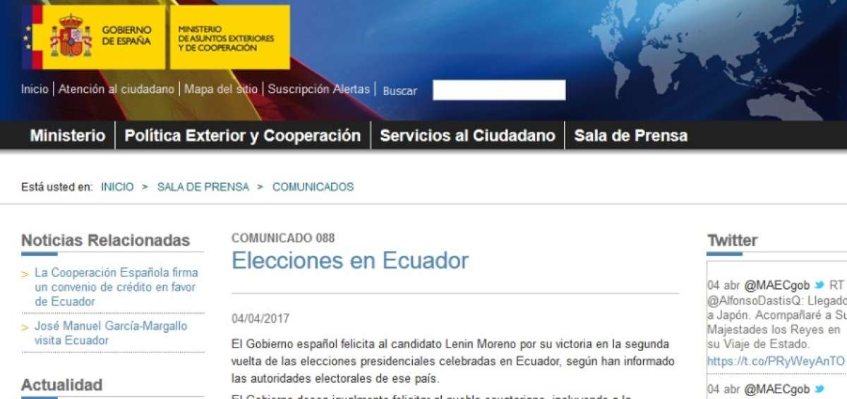 El gobierno de Espa&ntilde;a felicita triunfo de Len&iacute;n Moreno