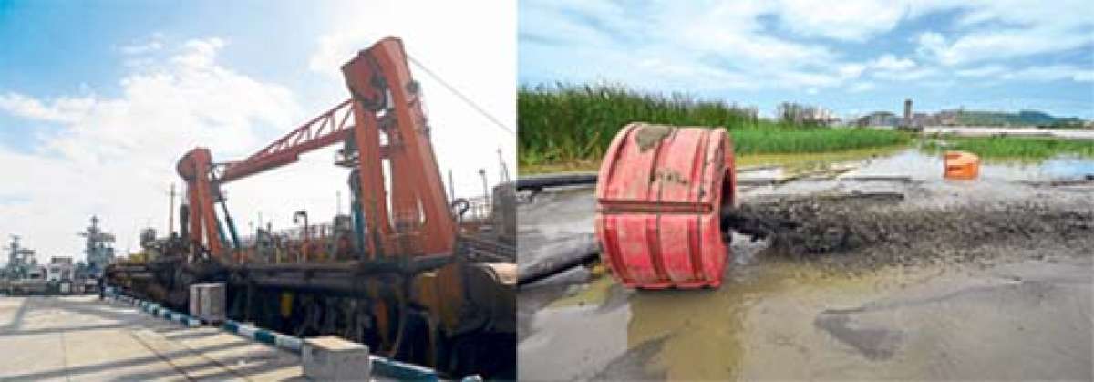 La draga R&iacute;o Yanunkay (i), que tiene dos brazos de succi&oacute;n, recibe mantenimiento. Trabajar&aacute; con 36 personas. Mientras que de una zona cercana al islote El Palmar (d) se extrae el material necesario para el relleno hidr&aacute;ulico. Fotos: El Tel&eacute;grafo.