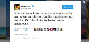 Correa: &ldquo;Rechazamos toda forma de violencia, pero tambi&eacute;n la hipocres&iacute;a y doble moral&rdquo;