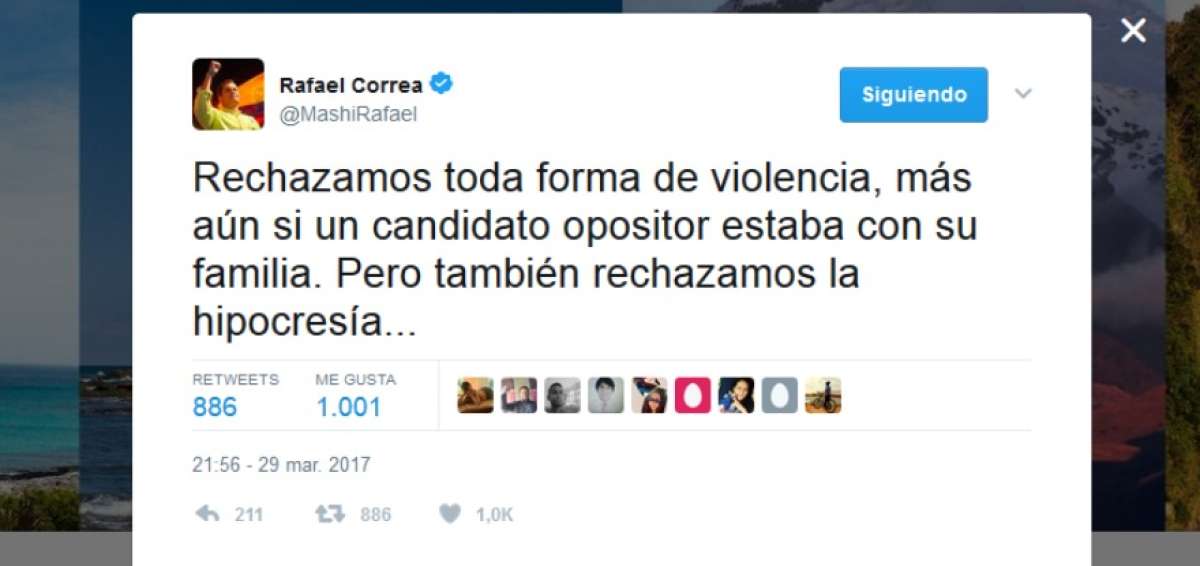 Correa: &ldquo;Rechazamos toda forma de violencia, pero tambi&eacute;n la hipocres&iacute;a y doble moral&rdquo;