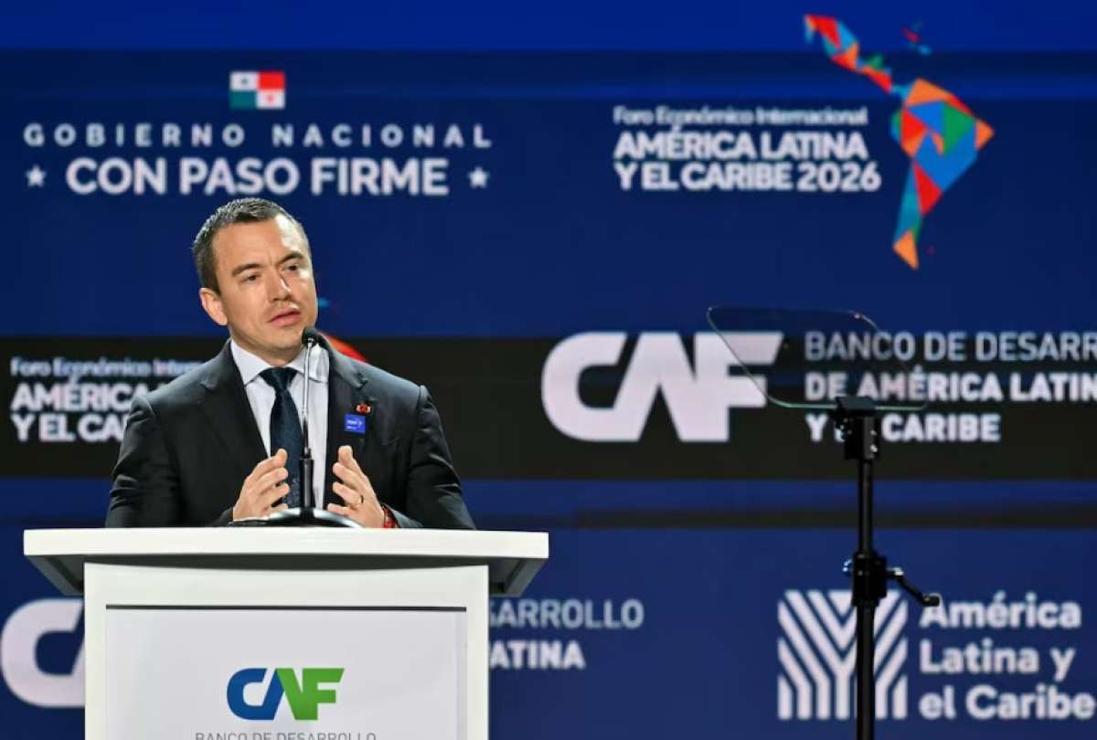 El presidente Daniel Noboa Durante su intervenci&oacute;n en el Foro Econ&oacute;mico Internacional Am&eacute;rica Latina y el Caribe