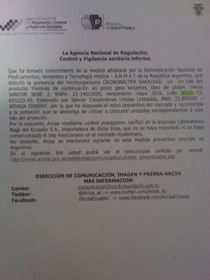 Arcsa y Ministerio del Interior desmienten supuesto comunicado sobre leche para beb&eacute; contaminada