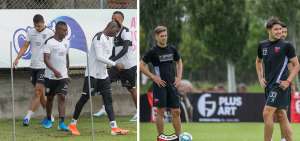 Alejandro Cabeza (adelante) es una de las opciones de ataque que maneja el DT Miguel &Aacute;ngel Ram&iacute;rez. En la foto derecha, los futbolistas de Col&oacute;n de Santa Fe durante uno de sus &uacute;ltimos entrenamientos antes de viajar a Asunci&oacute;n.  