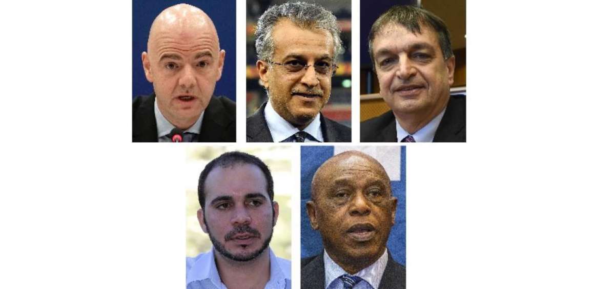  (Desde la parte superior izquierda) Gianni Infantino,Sheikh Salman bin Ebrahim Al Khalifa,Jerome Champagne, el pr&iacute;ncipe Ali bin al-Hussein de Jordania y Tokyo Sexwale.