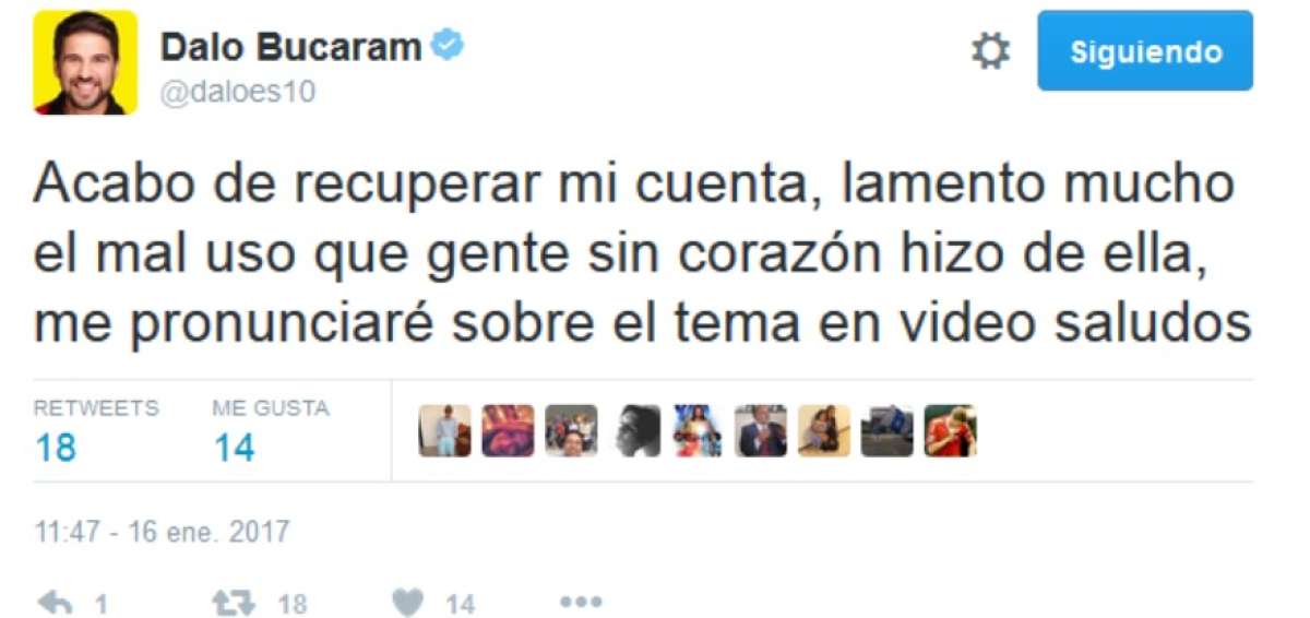 'Dalo' Bucaram inform&oacute; la ma&ntilde;ana de este lunes que recuper&oacute; su cuenta en la red social Twitter.