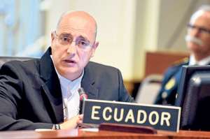 El embajador ecuatoriano ante la OEA, Marco Albuja, ofreci&oacute; su discurso en el Consejo Permanente del organismo continental. Foto: Cortes&iacute;a