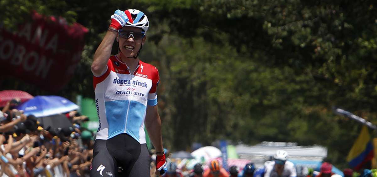 El ciclista luxemburgu&eacute;s Bob Jungels, del equipo Deceuninck-Quick-Step, celebra la victoria en la cuarta etapa del Tour Colombia. 