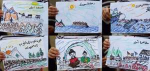 Combinaci&oacute;n de dibujos hechos por una ni&ntilde;a siria refugiada en un campo en la frontera Grecia-Macedonia. 