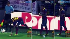 En la secuencia se observa al lateral derecho Dani Alves cuando recoge el banano, le saca la c&aacute;scara y le da una mordida. Foto: Tomado del canal de youtube SMARTNEWS