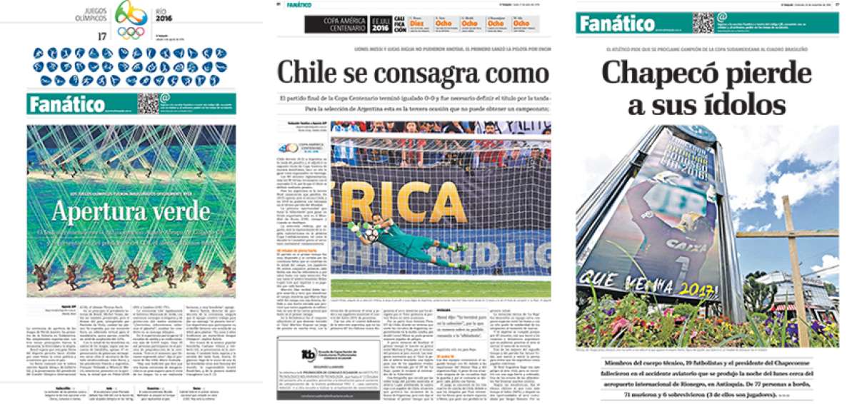 Los Juegos Ol&iacute;mpicos se llevaron gran parte del paginaje de Fan&aacute;tico, con fotograf&iacute;as espectaculares. El bicampeonato de Chile, en la Copa Am&eacute;rica, fue difundido en portada y p&aacute;ginas interiores. La tragedia del club Chapecoense enlut&oacute; al deporte y se la trat&oacute; durante varios d&iacute;as en la secci&oacute;n.