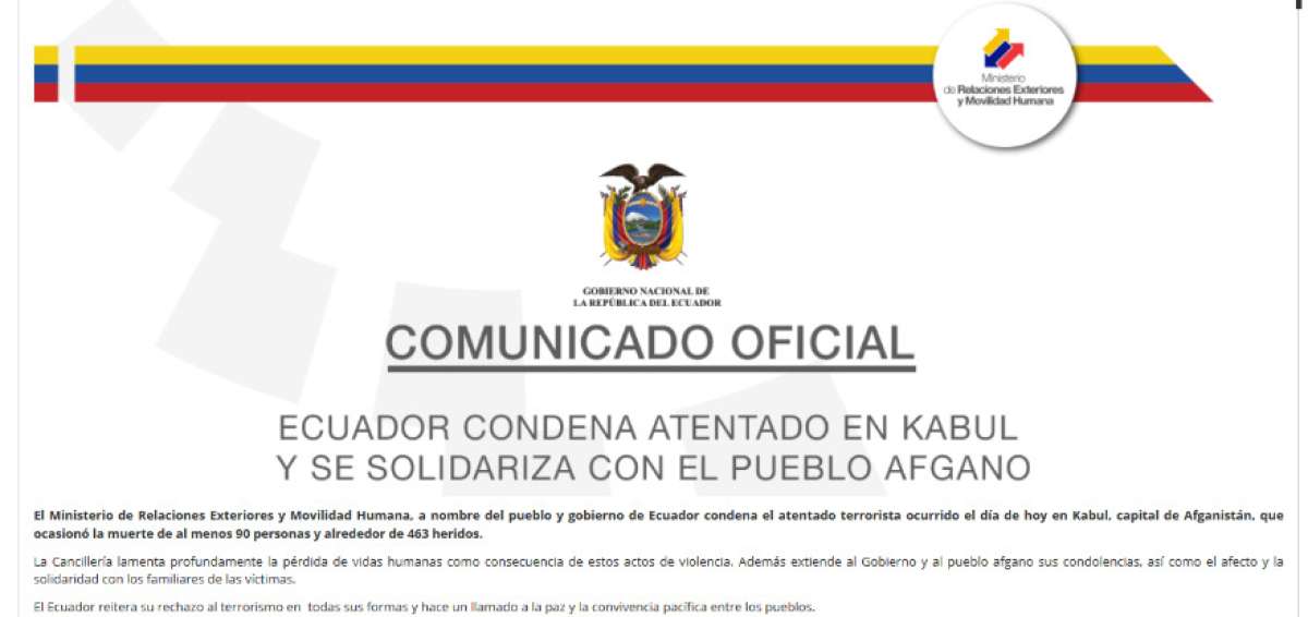 Ecuador condena atentado terrorista en Afganist&aacute;n