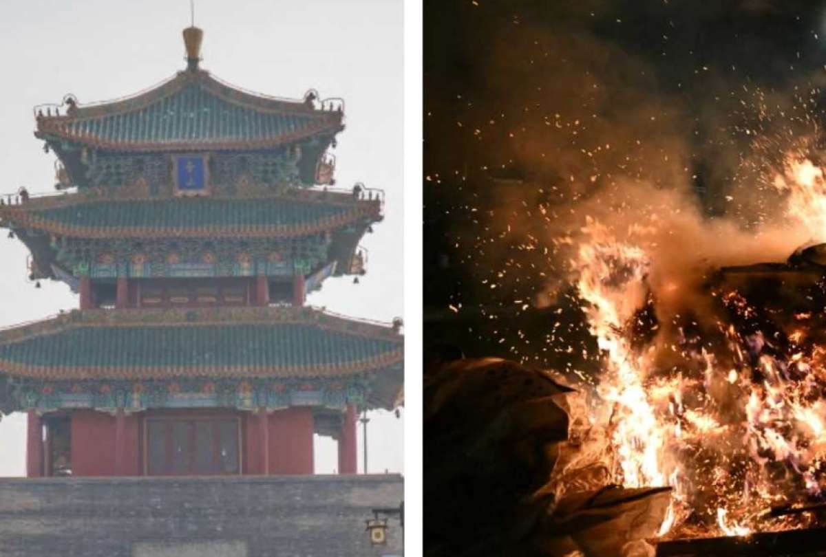 Un incendio consumió el pabellón Wenchang del templo Yongqing, en Jiangsu, China. No hubo heridos y las autoridades investigan las causas. 