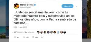 Correa responde en 44 tuits al discurso del presidente Moreno