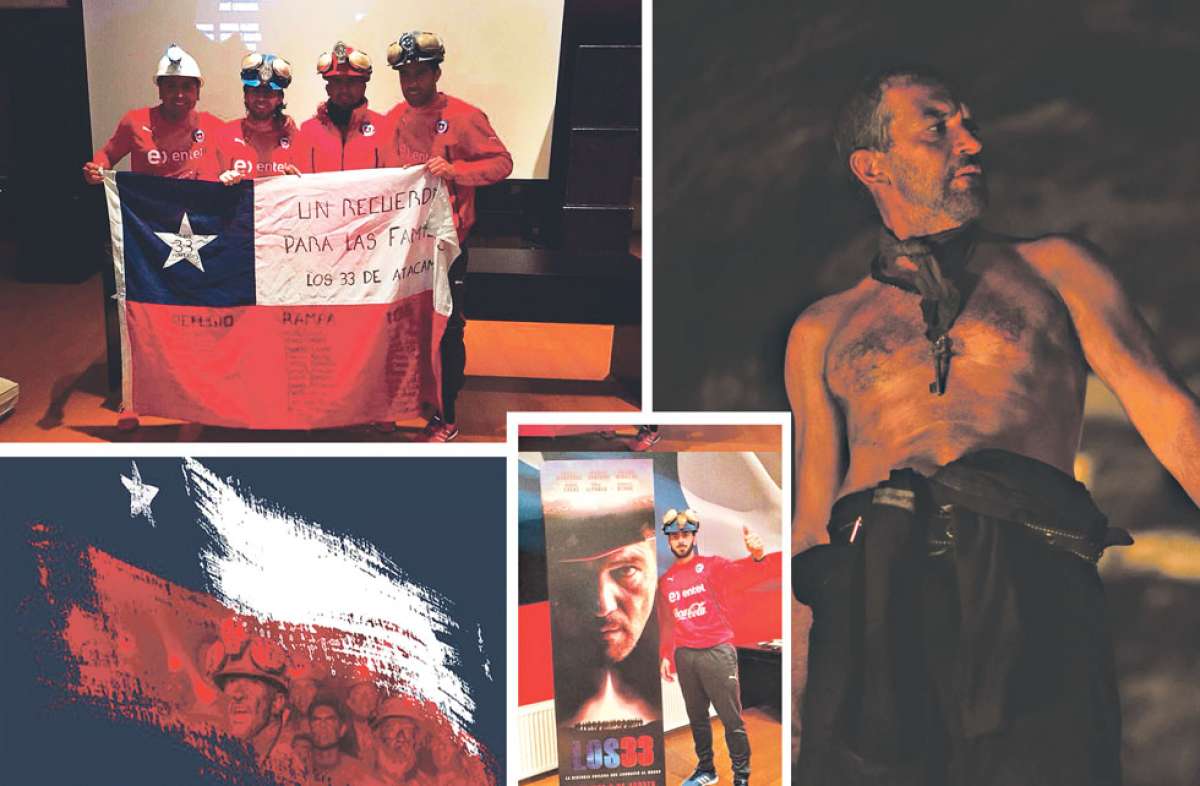 Los jugadores de la Roja posaron junto a una bandera chilena firmada por los 33 mineros. El personaje principal de la pel&iacute;cula -que se estrenar&aacute; el 6 de agosto- es Antonio Banderas. Foto: Cortes&iacute;a
