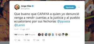 Jorge Glas: "Qu&eacute; bueno que Capaya (...) venga a rendir cuentas"