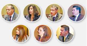 Los magistrados elegidos, en su orden: Pablo Tinajero, Sylvia S&aacute;nchez, Luis Enr&iacute;quez, Rom&aacute;n Ter&aacute;n, Cynthia Guerrero, Ana Mar&iacute;a Crespo y Miguel Jurado. Foto: Cortes&iacute;a.