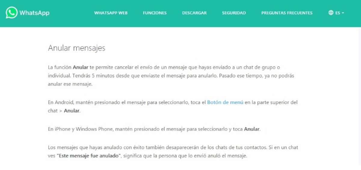 WhatsApp lanza la funci&oacute;n para anular mensajes