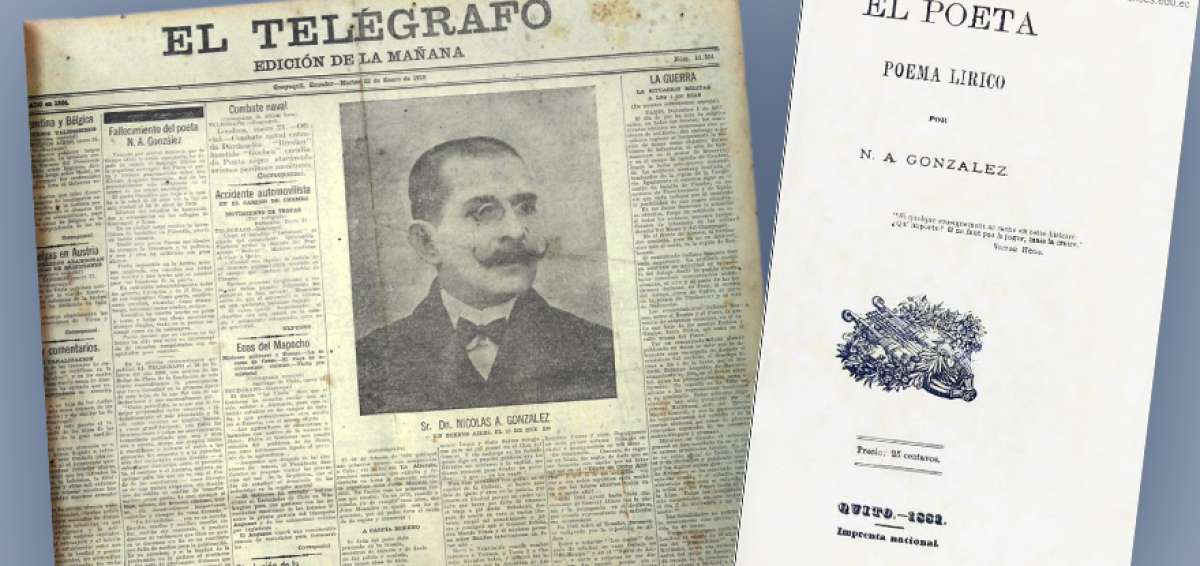 Portada, martes 22 de enero de 1918, edici&oacute;n de la ma&ntilde;ana, diario EL TEL&Eacute;GRAFO. | Derecha: Libro Poema L&iacute;rico, publicado en 1881 en la Imprenta Nacional.