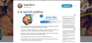 Jorge Glas critica en carta p&uacute;blica acciones del gobierno de Len&iacute;n Moreno