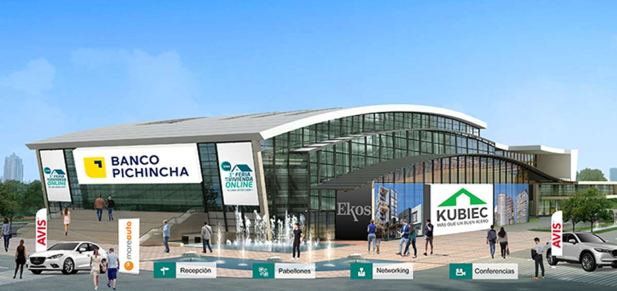 La plataforma muestra un centro de convenciones virtual con las marcas auspiciantes, entre ellas: Banco Pichincha, Kubiec, HomeVega, Mareauto AVIS, entre otras.