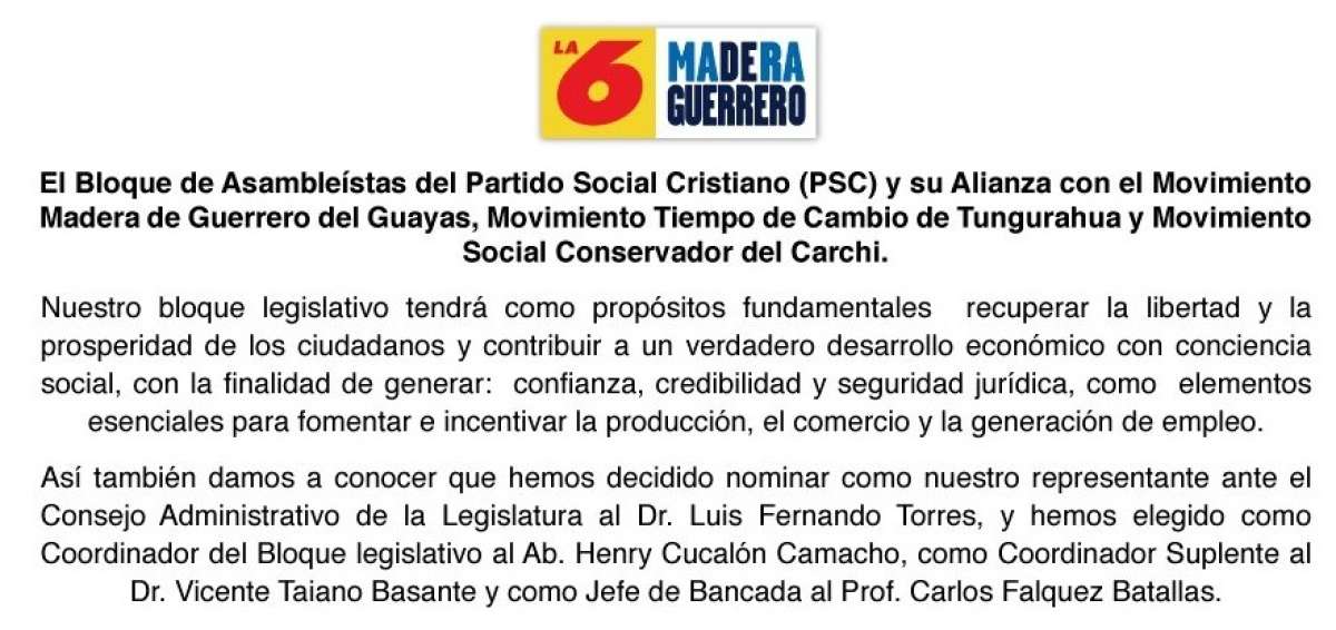 Partido Social Cristiano anuncia cambios administrativos en su bancada