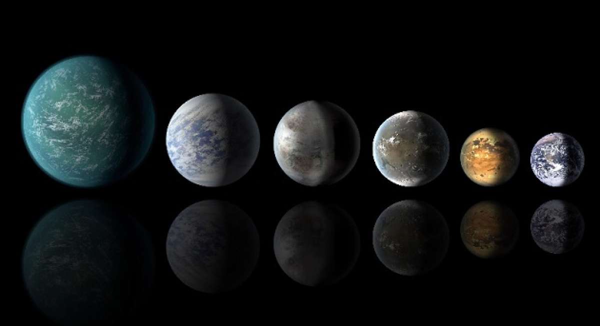 (De izq. a derecha) Los exoplanetas Kepler-22b; Kepler-69c, Kepler-452b, Kepler-62f, Kepler-186f, y el planeta Tierra. 