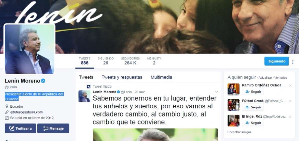 "Presidente electo" ya aparece en la 'bio' de Twitter de Moreno