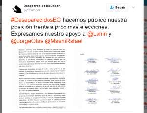 La asociaci&oacute;n de personas desaparecidas manifiesta su apoyo al presidenciable Len&iacute;n Moreno