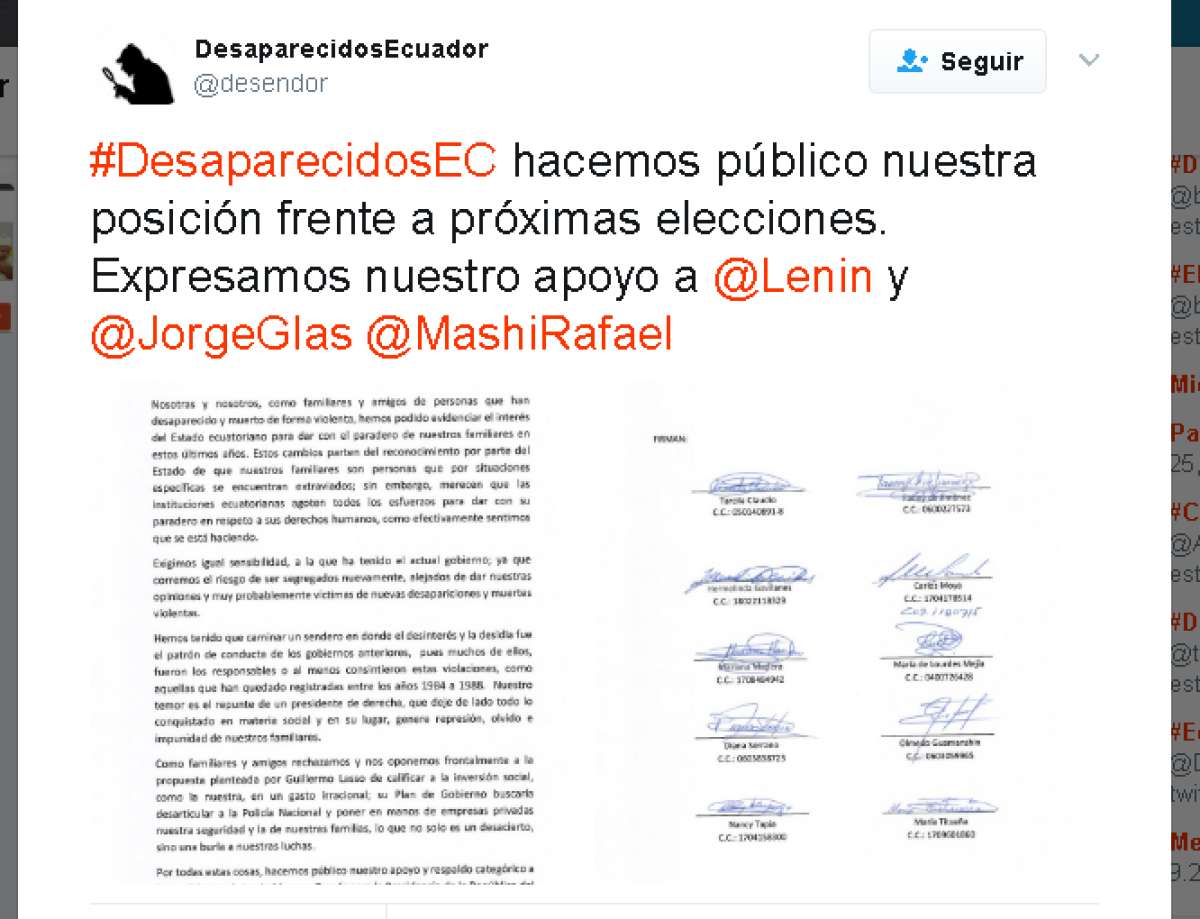 La asociaci&oacute;n de personas desaparecidas manifiesta su apoyo al presidenciable Len&iacute;n Moreno