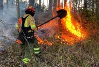 Bomberos realizan monitoreo con un helicóptero y aeronaves no tripuladas (drones) en los sectores Chaupimolino-Pifo y Alchipichí-Puéllaro donde se registran incendios forestales