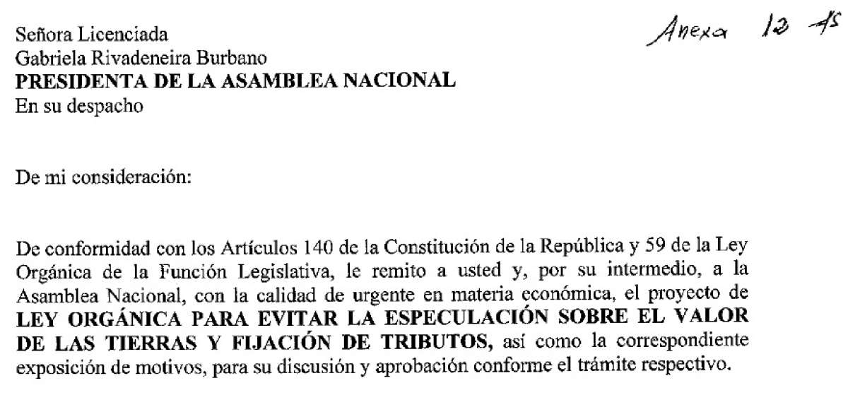 El proyecto de ley contra la especulaci&oacute;n sobre valor de las tierras lleg&oacute; a la Asamblea